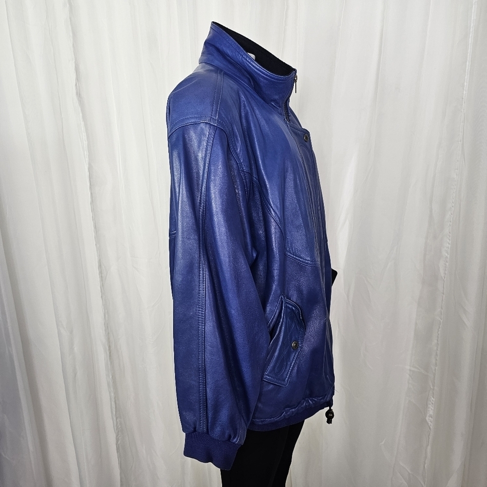 Vintage La Nouvelle Renaissance Playful Oversized Blue Leather Jacket  Large - Picture 7 of 14
